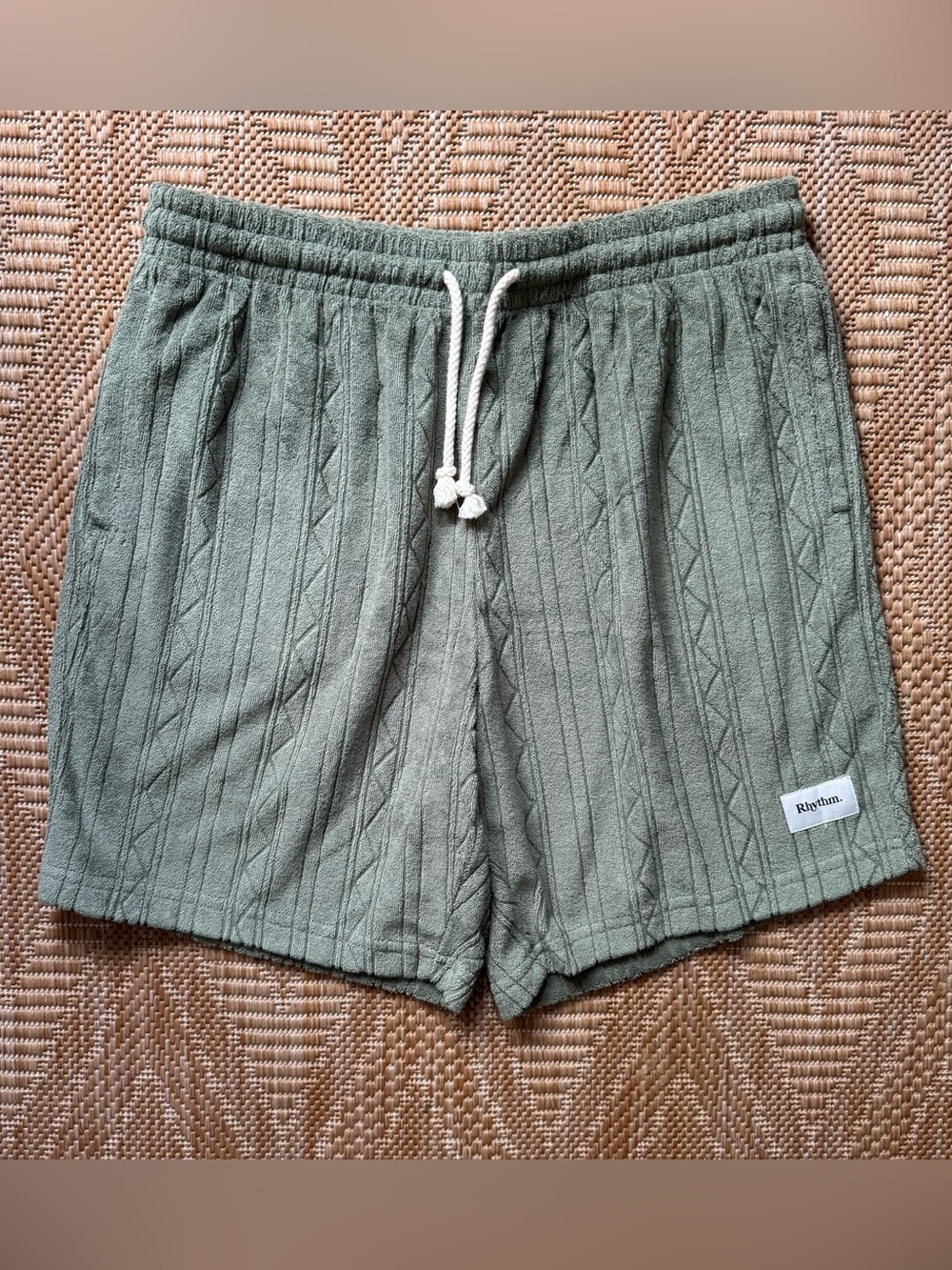 Rhythm Terry Jam Shorts Olive Green Textured Drawstring Lounge Surf Size 32 NWT